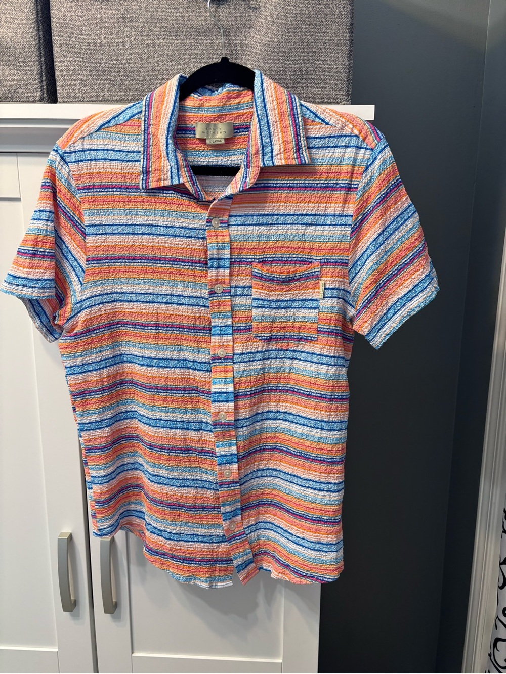 Salty Weekend Casual Seersucker Vibrantly Striped Short-Sleeve Button-Down Shirt